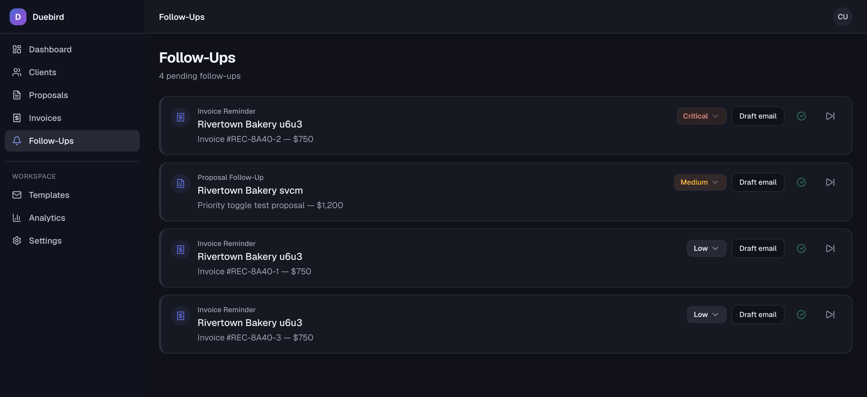 Duebird follow-up queue with prioritized invoice reminders and proposal follow-ups, each with a draft email button